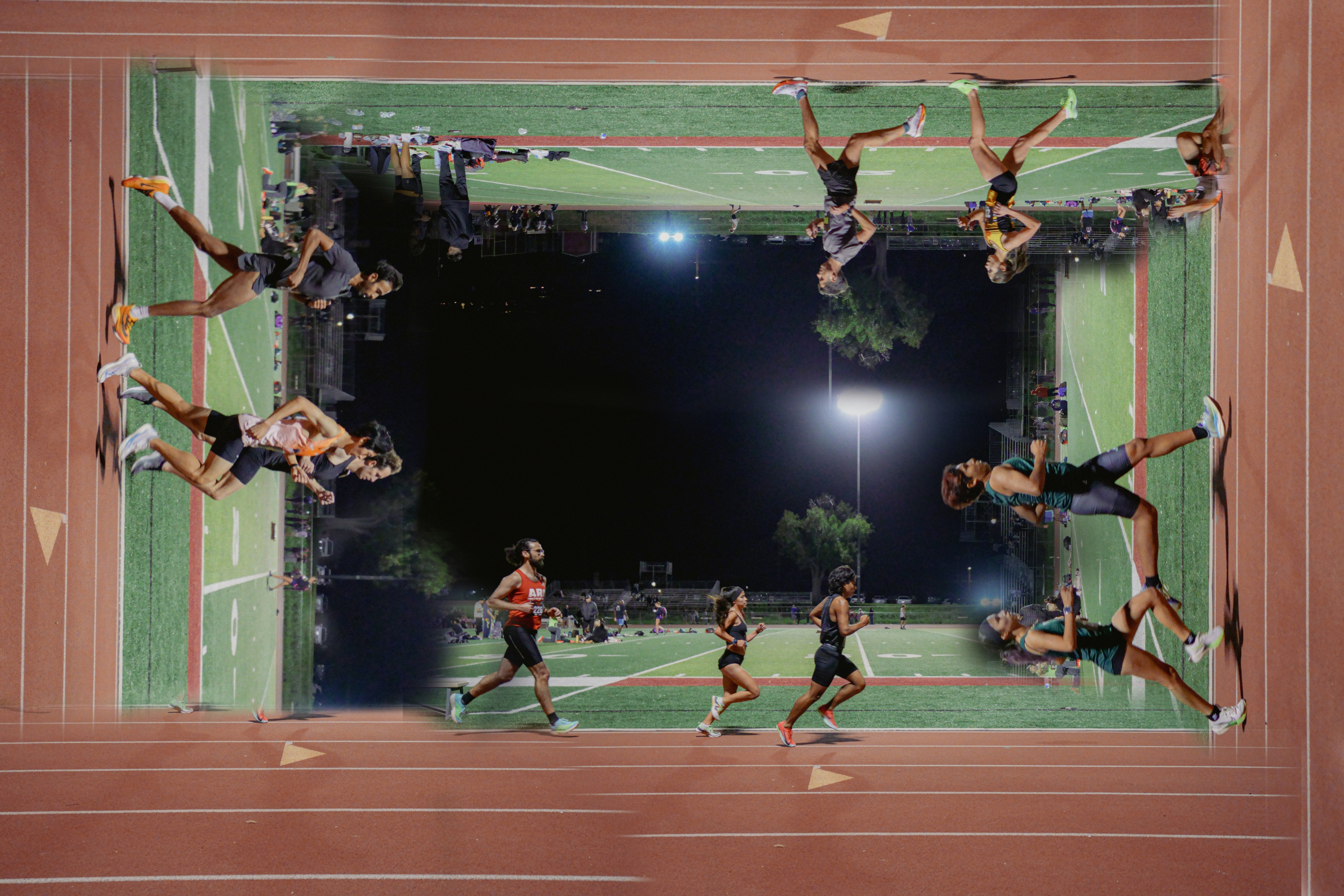 Athletes running on a track surrounding a football field
